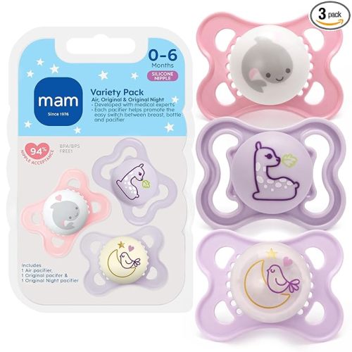 MAM Variety Pack Baby Pacifier, Includes 3 Types of Pacifiers, Nipple Shape Helps Promote Healthy Oral Development, 3 Pack, 0-6 Months, Girl