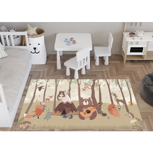 Brown Tones Forest Rug,Nature Play Mat Cute Animal Play Mat, For Nursery Rug, Playroom Decor,Babyroom Carpet, Dijital Print Rug, Nonslip Rug