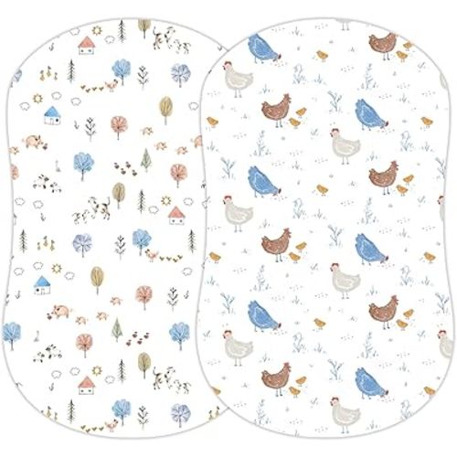 Baby Bassinet Sheets for Boy, Girl (Farm Animals) 2-Pack - Fitted Bedside Bassinet Sheets - Buttery Soft Cotton Blend for Standard Bassinet Mattress Pad - Compatible with Halo Bassinest