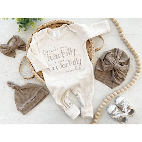 Oatmeal taupe romper with handmade bow or hat custom gender neutral coming home outfit baby shower gift fearfully wonderfully made