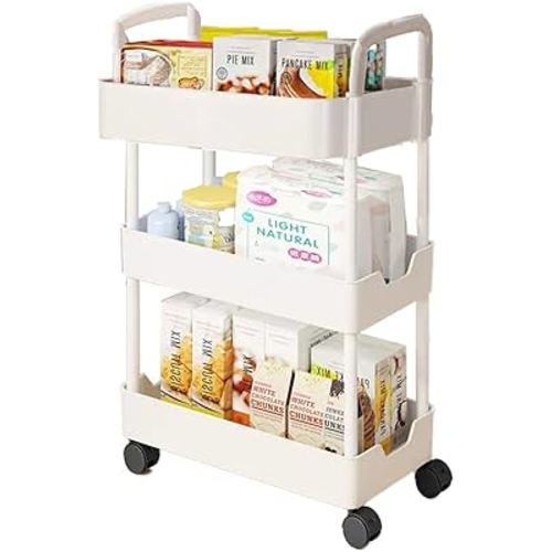 3 or 4 or 5 Tier Rolling Utility Cart with Handle - Multi-Functional Storage Trolley for Office, Living Room, Kitchen - Movable Organizer on Wheels (White)