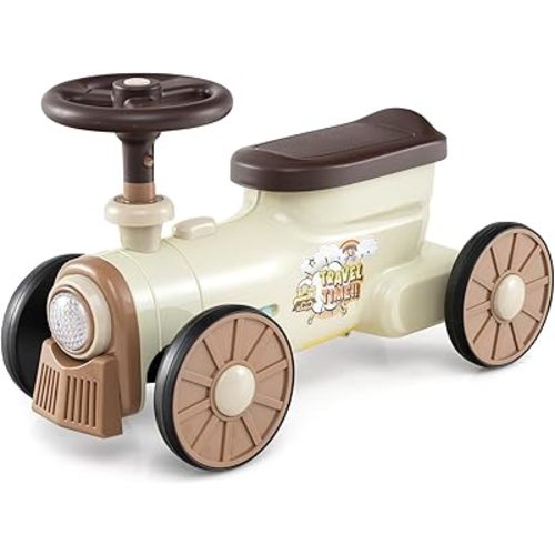 Costzon Ride On Push Car, Retro Kids Riding Toy with Steering Wheel, Train Whistle Sound & Under Seat Storage, Foot-to-Floor Sliding Car, Ride On Toys for Toddlers Boys Girls 19-36 Months (White)