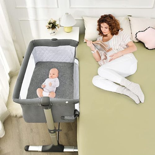 BABY JOY Baby Bedside Crib, Portable Travel Sleeper Bed Side Bassinet w/Carrying Bag, Newborn Bassinet to Infant, Kids Crib with Detachable Mattress, Height Adjustable Design, Breathable Mesh, Grey