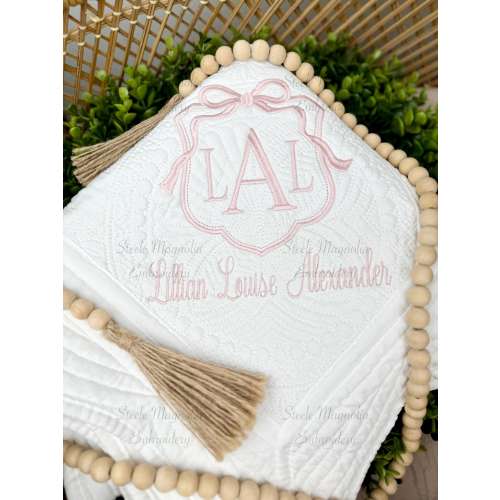 Pink Bow Nursery Custom Monogram Blanket Embroidered Heirloom Quilt Personalized Name Baby Blanket Coquette Decor Grandmillenial Nursery