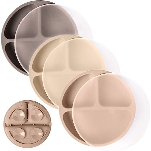 WeeSprout Suction Plates with Lids for Babies & Toddlers - 100% Silicone, Dinnerware Stays Put, Divided Design for Picky Eaters, Microwave & Dishwasher Friendly, 3 Pack