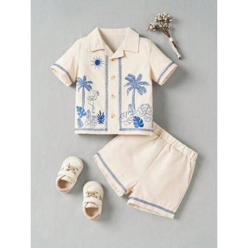 Baby Boy Fashionable Embroidered Tropical Short Sleeve Shirt And Shorts Set