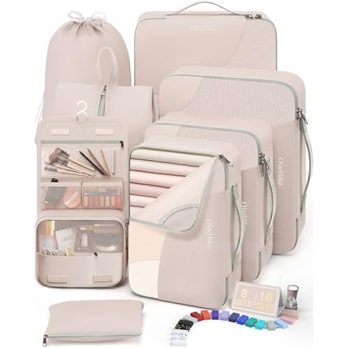 10 Set/8 Set Packing Cubes for Travel, Anti-Tearing Suitcase Organizer for Luggage with Shoe & Hanging Toiletry Bag,Gifts for Women Mom,OlarHike Vacation Essentials & Accessories for Cruise Ship,Cream