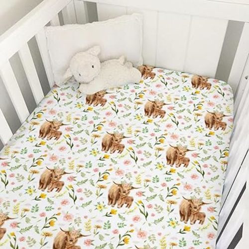 Highland Cows Boho Retro Flowers Baby Crib Sheet 52''x28'' Farm Yak Floral Fitted Crib Mattress Sheet for Boy Girl Soft Baby Crib Sheets for Standard Crib and Toddler Mattress Nursery Decor