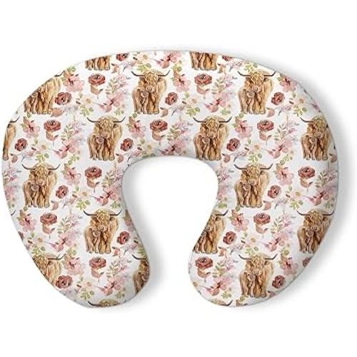 Nursing Pillow Cover, Floral Highland Cow Nursing Pillow Cover, Stretchy Removable Cover for Breastfeeding Pillows, Soft Breathable Slipcover for Baby Girls