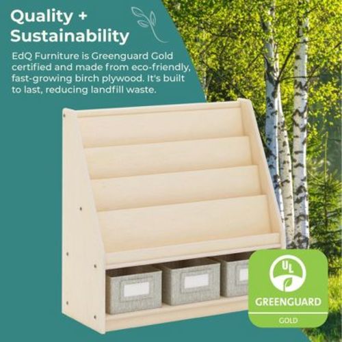 Guidecraft EdQ Book and Bin Display - Natural: Kids' Wooden Book Rack, Storage Bookshelf with Tiered Shelves for Home and Classroom