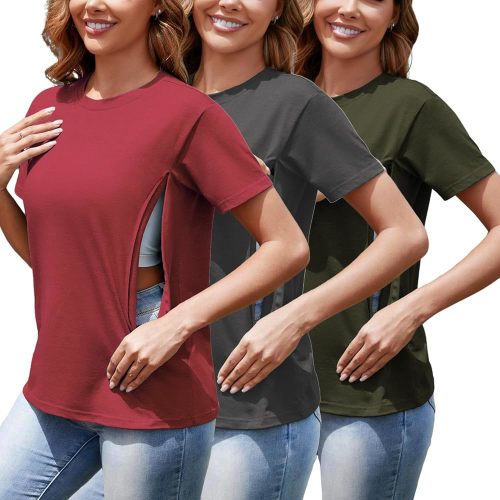 Women's 3-Pack Nursing Tops for Breastfeeding with Hidden Zippers Loose Fit Maternity Shirts