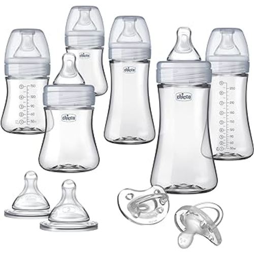 Chicco Duo Deluxe Hybrid Baby Bottle Starter Gift Set with Invinci-Glass Inside and Plastic Outside | Dishwasher, Bottle Warmer, and Electric Sterilizer Safe | Intui-Latch Nipple | Clear/Grey