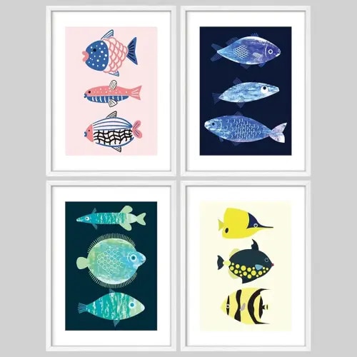 SIGNWIN Framed Colorful Children's Nursery Bedroom Tropical Ocean Fish Wall Art, Set of 4 Animals Rustic Wall Decor Prints, Nature Wilderness Wall Décor for Living Room, Bedroom - 8"x10" White
