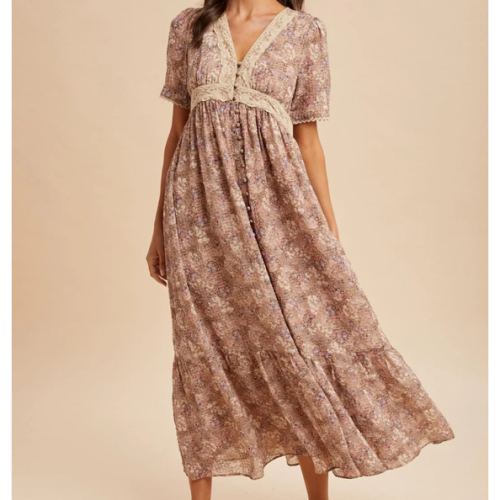 Mauve Floral Lace Detail Button Down Maxi Dress– PinkBlush
