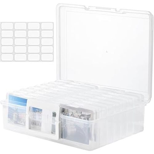 Haundry Photo Storage Box with 16 Inner 4" x 6" Photo Case, Portable Storage Organizer with Handle Craft Keeper for Picture, Stickers, Stamps, Screws, Hair Clips, Clear