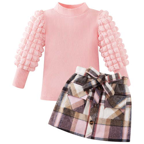 Toddler Kids Girl Clothes Casual Skirt Set Solid Turtleneck Knit Sweater Plaid Mini Skirt 2Pcs Fall Winter Outfits