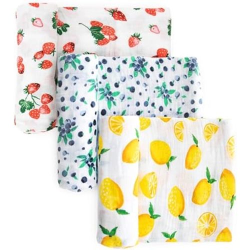 Little Unicorn Premium Muslin Swaddle Blanket 3 Pack | for swaddling, Play, Nursing & More | Giftable Set of 3 (Berry Lemonade)
