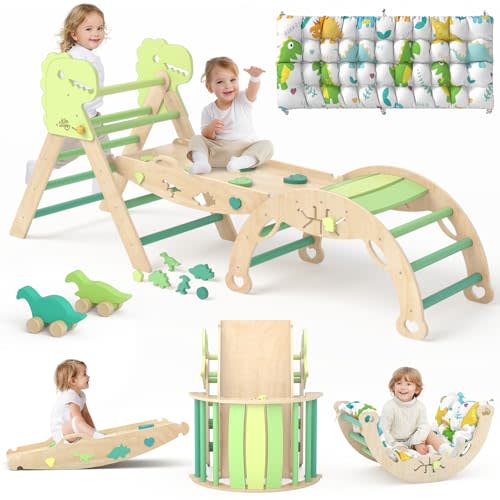 Pikler Triangle Set with Cushion 9 in 1 Climbing Toys for Toddlers 1-3 Indoor Baby Climbing Gym Toddler Montessori Toys Wooden Climbing Toys with Maze Toys, Shape Sorting Toys, Dinosaur Car