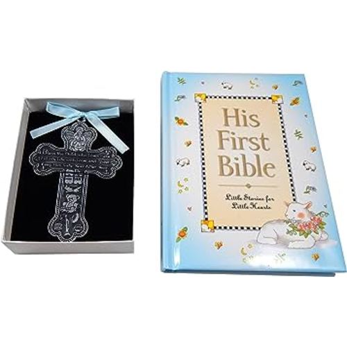 Baby Boy First Bible and 4" Pewter Guardian Angel Crib Cross (Original Version)