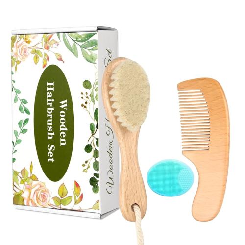 Wooden Baby Hair Brush and Comb Set, 3Pcs Natural Soft Goat Bristles Brush Cradle Cap Comb Baby Shower Scrubber Perfect Scalp Grooming Product for Newborns, Toddlers, Infant (Green)