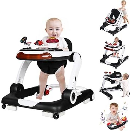Kinder King Baby Walker with Music & Lights, 5 in 1 Baby Bouncer Activity Walker, Adjustable Height & Seat, Learning-Seated & Toddler Walk-Behind, Safety Bumper, Infant Walker Anti-Rollover, Black