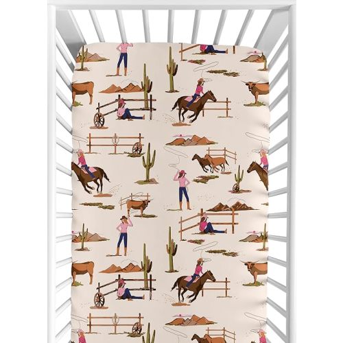Sweet Jojo Designs Western Cowgirl Girl Baby Fitted Crib Sheet Infant Newborn Nursery Toddler Bed Room Standard Mattress Wild West Vintage Country Retro Animal Horse Southwest Beige Brown Pink Blue