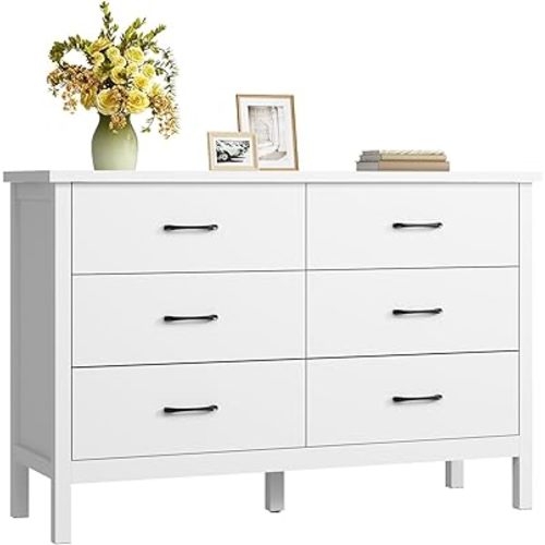 White Dresser for Bedroom, 6 Drawer Wood Double Dresser with Metal Handles, Wide Chest of Organizer Storage Drawers for Living Room, Hallway, Entryway