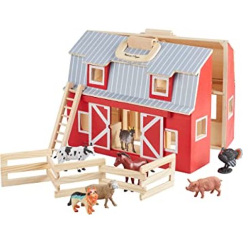 Melissa & Doug Fold and Go Wooden Barn With 7 Animal Play Figures - Farm Animals Portable Toys For Kids And Toddlers Ages 3+