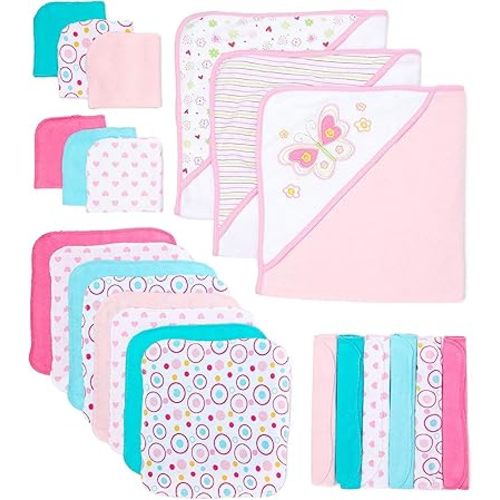 Spasilk Bath Hooded Towels & Washcloths Set for Babies, 23-Piece Gift Set, White Butterfly