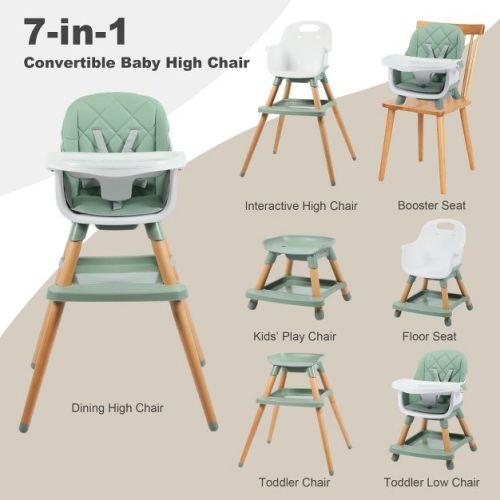 Kinder King 7 in 1 Baby High Chair Convert to Wooden Feeding Chair Removable Tray 5-Point Harness Green