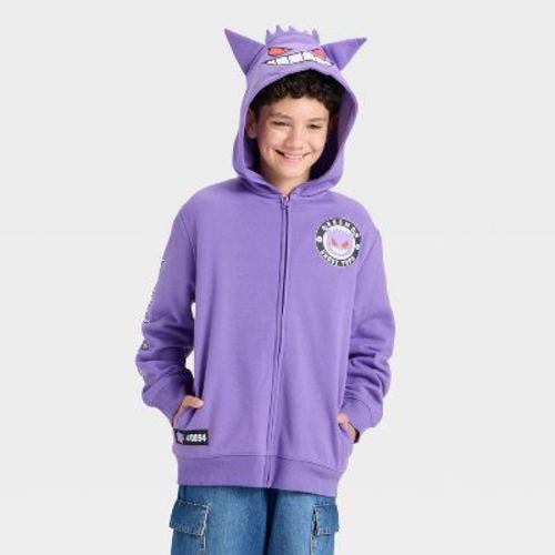 Boys' Pokemon Gengar Hooded Character Full Zip Fleece Sweatshirt - Purple