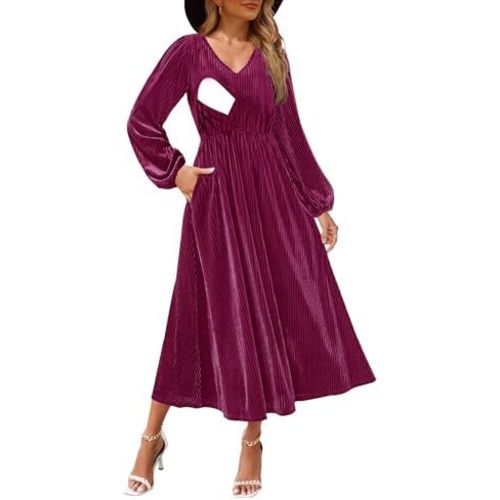 Women's Nursing Long Sleeve V Neck Velvet Maxi Dress Flowy Wedding Party Dresses with Pockets