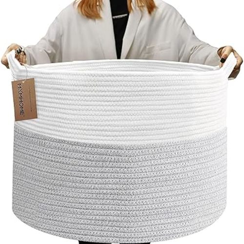 XXXLarge Woven Rope Basket With Handles, 23.6”x23.6”x14.1” Basket for Blankets for Living Room, Large Baby Toy Storage Basket, Wicker Woven Big Round Laundry Basket Hamper