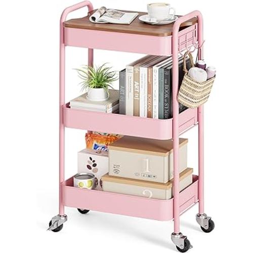 TOOLF 3-Tier Rolling Cart with Table Top, Metal Storage Cart on Wheels, Utility Organizer with Wooden Tray, Lockable Casters, Easy Assembly for Bathroom, Living Room, Office, Bedside, Pink
