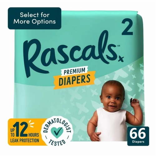 Rascals Premium Absorbent Baby Diapers Size 2, 66 Count