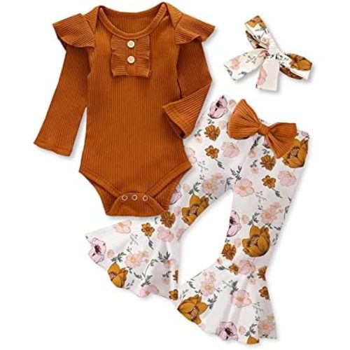 Kislio Newborn Baby Girls Clothes Ribbed Ruffled Romper+Floral Pants+Headband Infant Outfit Set
