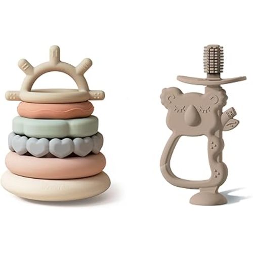 Moonkie Teething Toys | 7-Piece Stacking Ring Set & 360° Baby Toothbrush Teether | BPA-Free Silicone Educational Toys for Babies 6-12 Months