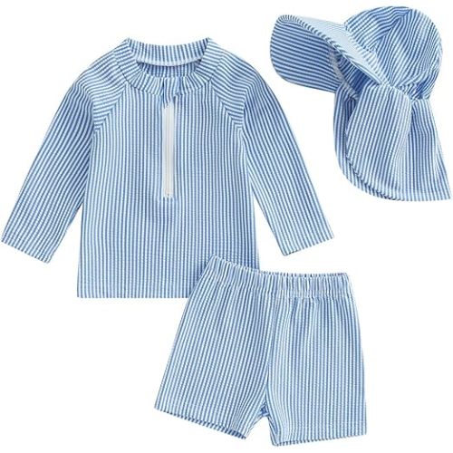 Toddler Baby Boys Seersucker Long Sleeve Swimsuit Trunks Bathing Suit Swimwear with Hat 3Pcs Rash Guard Set