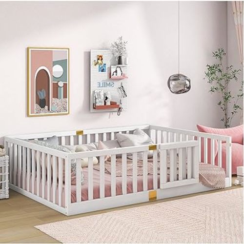 Tatub Full Montessori Floor Bed with High Rails, Solid Wood Montessori Bed Frame for Kids, Door Can Install Left and Right, Full-White