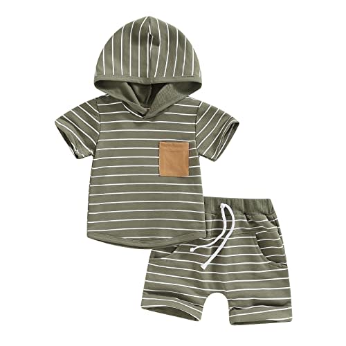 Toddler Baby Boy Summer Outfit Short Sleeve Hooded Stripes Top Casual Shorts Set Infant Newborn Clothes 6 12 18 24 Month