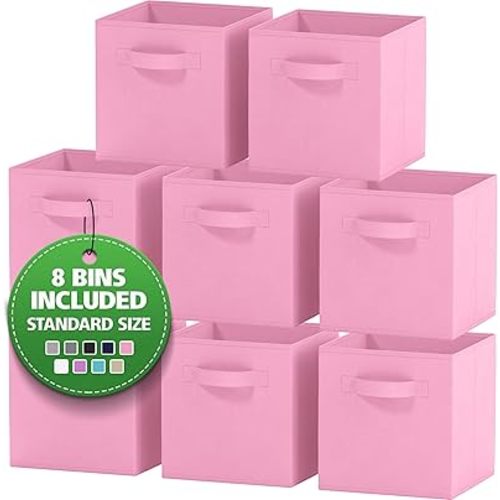 Storage Cubes - 11 Inch Cube Storage Bins (Set of 8). Fabric Cubby Organizer Baskets with Dual Handles | Foldable Closet Shelf Organization Boxes (Light Pink)