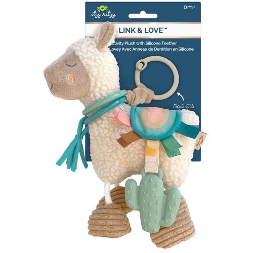 Itzy Ritzy Link & Love Toy for Stroller or Car Seat; Features Textured Ribbons, Crinkle Sounds, Clinking Rings & Silicone Teether; Designed For Ages 0 Months and Up (Llama)