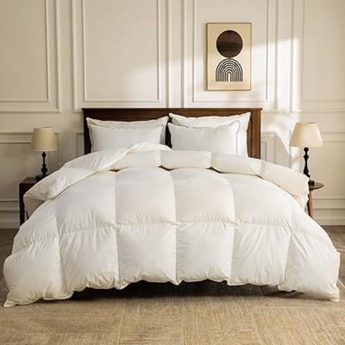 BPC Organic Down Feather Fibers Comforter King Size, Fluffy Duvet Insert for All-Season with 100% Cotton Cover and Puffy Feather Down Fibers Filling, Ivory White, 106x90 Inches