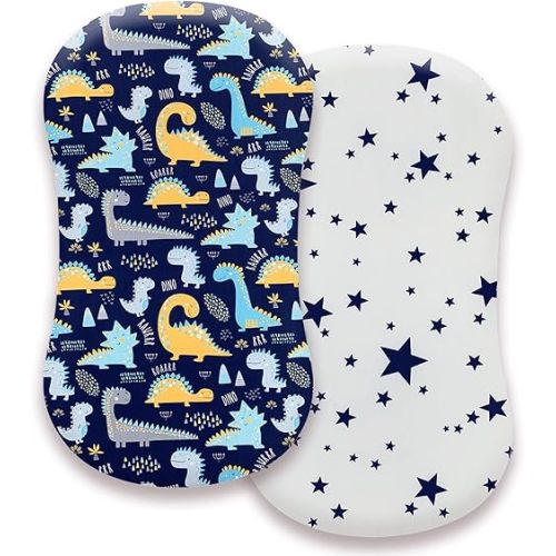 Premium Cotton Bassinet Sheets, Fit for Halo Bassinest Swivel Sleeper, 2 Pack Hourglass Bassinet Mattress Sheet Set for Baby Boys, Soft Breathable Safe, Dinosaur & Stars