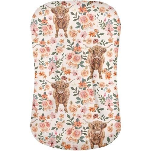 ZDCUSTOM Flower Cow Bassinet Fitted Sheets for Oval, Rectangle, Hourglass Bassinet Mattress/Pad Soft Breathable Baby Fitted Sheet Bassinet Sheetsack