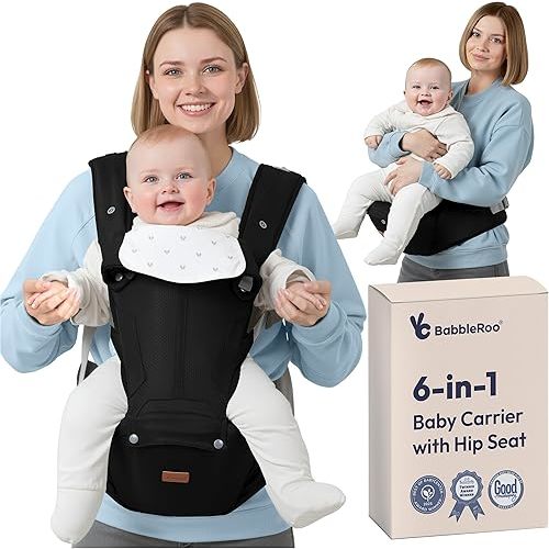 BabbleRoo 6-in-1 Baby Carrier with Hip Seat, Ergonomic Newborn to Toddler Carrier 7–50 lbs, Front Back Hip Carry, Lumbar Support, Sun Hood, Safety-Certified, Black