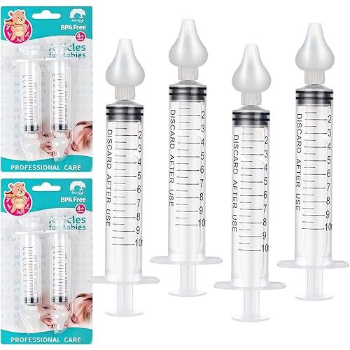 Nasal Aspirator for Baby, Baby Nasal Syringe Irrigator, Professional Portable Disposable Infant Nose Cleaner Compatible with Baby Saline Nasal Spray - BPA Free Silicon Tips, 4 Syringe Irrigator