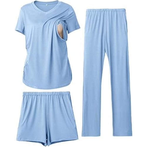 Rnxrbb 3 Piece Women's Maternity Nursing Pajamas Set V Neck Breastfeeding Pjs Sleepwear Postpartum Shorts&Pants Pockets