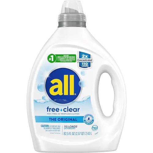all Liquid Laundry Detergent, Free Clear for Sensitive Skin, Unscented and Hypoallergenic, 2X Concentrated, 110 Loads