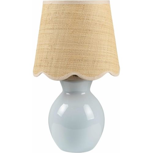Salgareda Boho Ceramic and Jute Bedside Table Lamp for Bedroom Nightstand - End Side Lighting for Living Room - Shade Rattan - Blue Gray, Beige - 15" H
